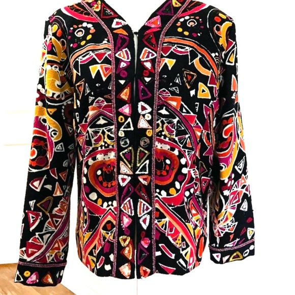 “Modern art to wear”bright colours on black w/sequins & beads embellished jacket - Picture 4 of 15